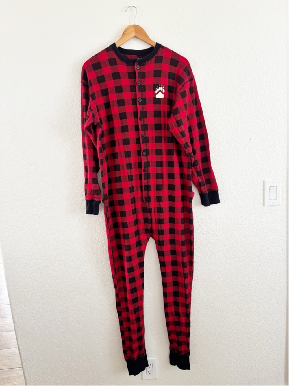 Lazy One Bear Cheeks Buffalo Plaid Union Suit Red Black Pajamas Mens Large L